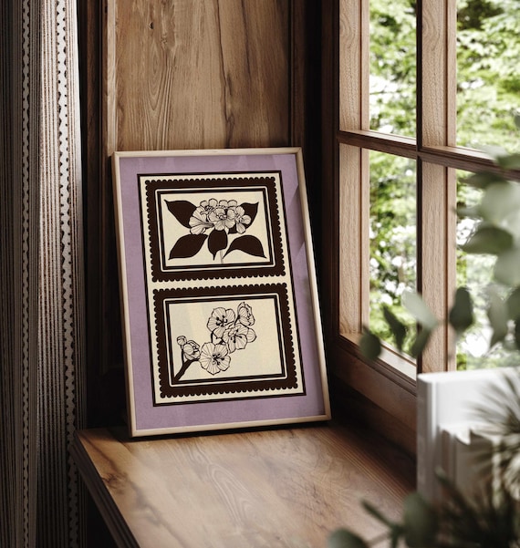 Vintage Style Botanical Print – Cottagecore Floral Wall Art in Lavender, Cream and Brown, Rustic Wildflower Poster for Cozy Retro Home Decor