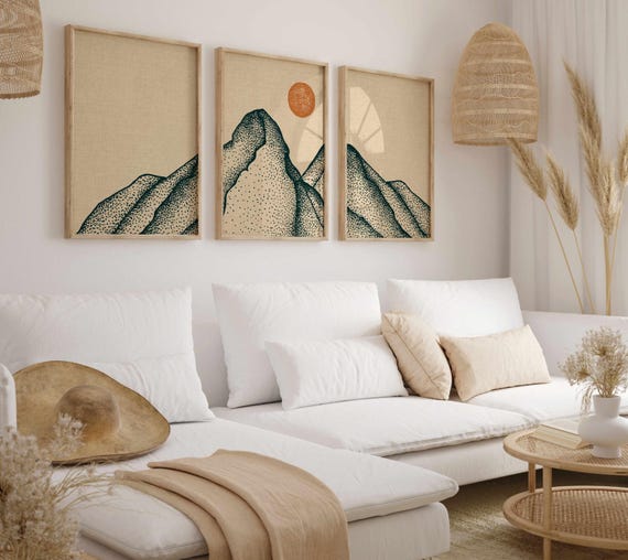 Minimalist Mountain Wall Art: Japandi Landscape Triptych, Calm Home Decor