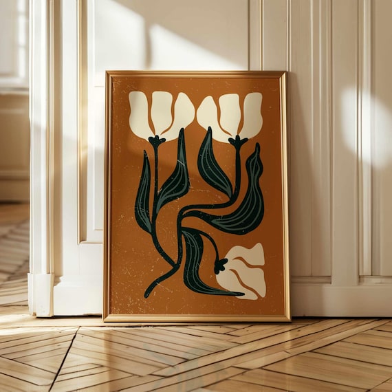 Floral print of abstract tulips in retro 70s and mid-century modern style, with earthy tones for bold vintage-inspired wall decor.