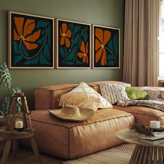 Retro Floral Print Set: Burnt Orange & Teal Botanical Art, Mid-Century Modern Boho Decor