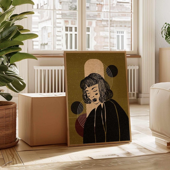 Retro Portrait Wall Art – Boho Abstract Woman Print in Olive and Burgundy, Mid Century Modern Feminine Artwork for Vintage Decor