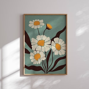 Bella stampa retrò di margherite, arte murale retrò, arte murale floreale ispirata agli anni '70, arte murale colorata, stampe botaniche, arte di metà secolo, decorazioni dopamine