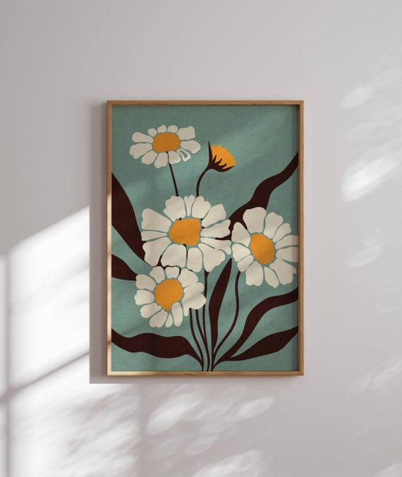 Lovely Retro Daisy Print, Retro Wall Art, 70s Inspired Floral Wall Art, Colorful Wall Art, Botanical Prints, Mid Century Art, Dopamine Decor