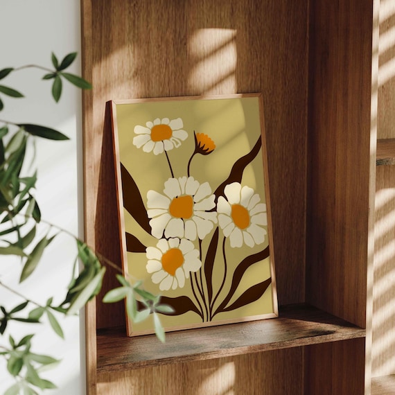 Retro Daisy Print — 70s Floral Wall Art, Vintage Botanical Poster, Mid Century Modern Decor