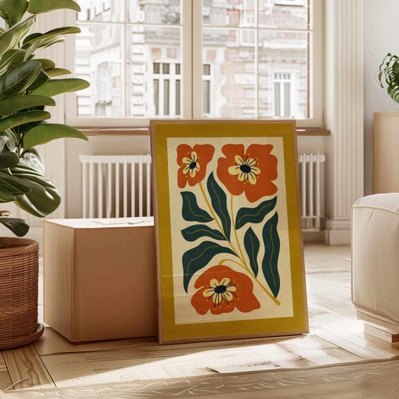Retro Floral Wall Art — 70s Style Botanical Print in Vibrant Summer Colors, Mid Century Modern Boho Poster for Funky Vintage Home Decor