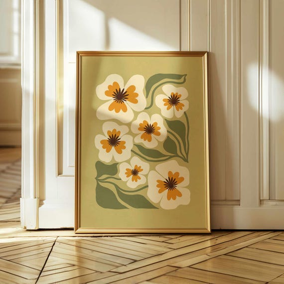 Retro Floral Wall Art – Botanical Print in Olive, Cream and Ochre, Matisse Style Flower Poster, Mid Century Boho Art for Earthy Home Decor