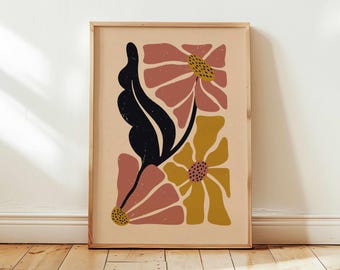 Retro bloemenprint jaren 70: moderne botanische muurkunst uit het midden van de eeuw