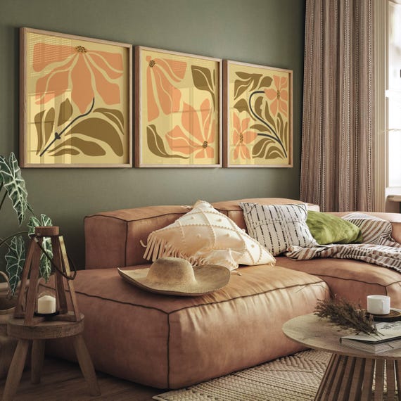 Aesthetic Retro Floral Wall Art Set Of 3, Mid Century Gallery Wall Set, 70s Inspired Botanical Prints, Neutral Retro Wall Art, Mcm Decor