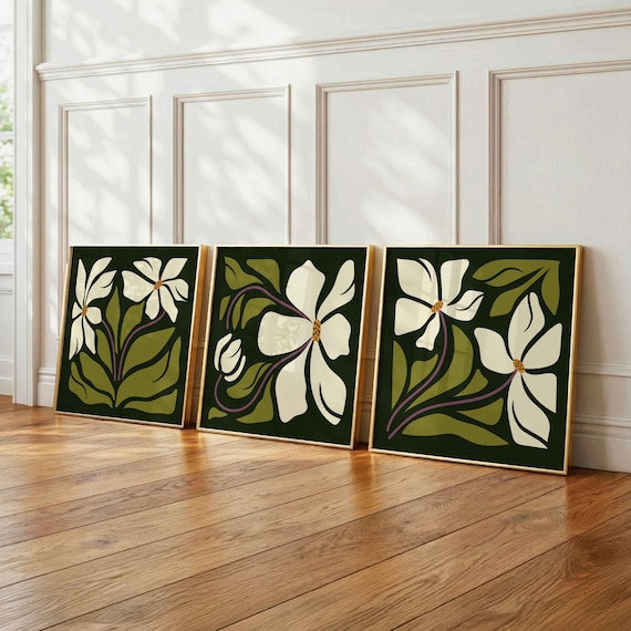 Framed Retro Floral Print Set: 70s Botanical Wall Art, Mid Century Modern Decor