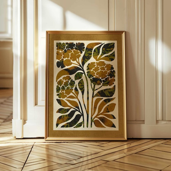 Abstract Botanical Print, Retro Floral Wall Art in Earth Tones – Vintage Style Mid Century Organic Shapes with Green or Brown Option