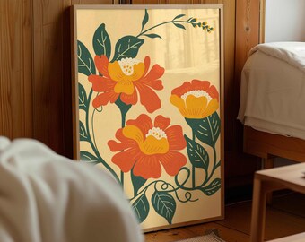 Retro-Blumenmuster: Groovige botanische Wandkunst im 70er-Jahre-Stil, Dopamin-Deko