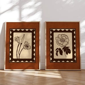 Vintage botanische Wildblumen Kunst im 2er-Set in warmen Farben - Retro Florale Poster für Rustikale, Cottagecore & Mid Century Häuser