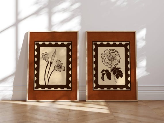 Vintage Botanical Wall Art Set Of 2, Wildflower Prints in Warm Colors – Retro Floral Posters for Rustic, Cottagecore & Mid Century Homes