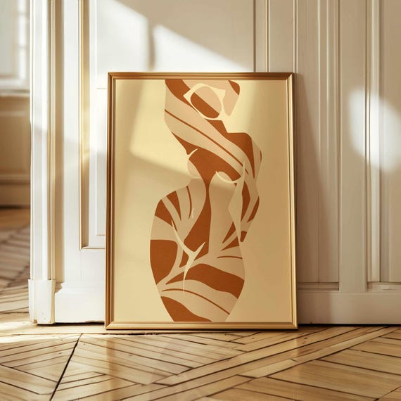 Matisse Style Female Art – Abstract Silhouette with Leaf Cutouts in Burnt Sienna & Cream, Minimal Botanical Print for Boho or Modern Decor