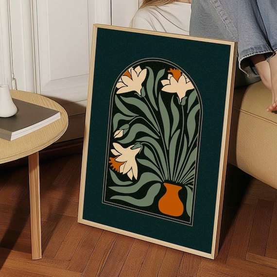 Framed Mid Century Daffodil Print — Retro Botanical Wall Art, Scandinavian Decor