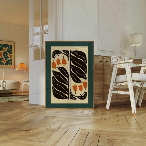 Mid Century Modern Floral Print: Burnt Orange & Teal Botanical Wall Art, Eclectic Decor