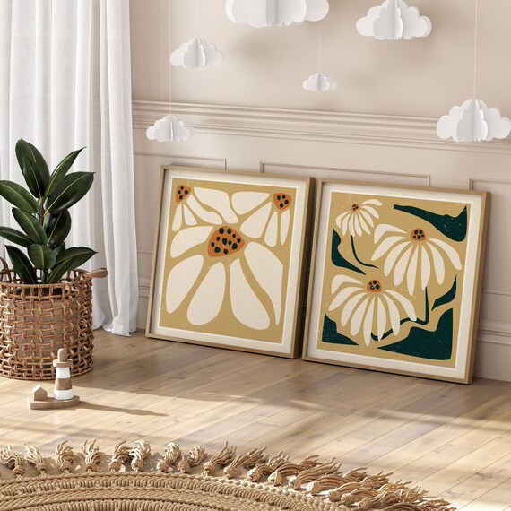 Neutral Retro Floral Wall Art Set Of 2, Abstract Matisse-Inspired Botanical Prints – 70s Style Wall Decor for Mid Century & Boho Spaces