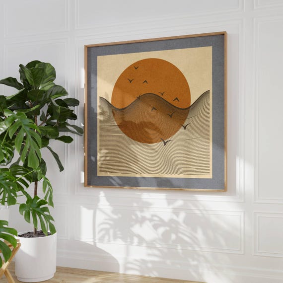 Sunrise Art Print, Landscape Line Art, Japandi Wall Art, Mid Century Art, Modern Home Decor, Sun Wall Art, Aesthetic Room Decor, Ocean Print