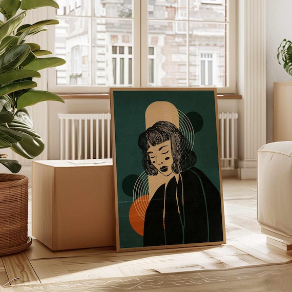 Retro Portrait Wall Art – Abstract Woman Print in Teal and Burnt Orange, Boho Mid Century Modern Artwork for Vintage Home Decor