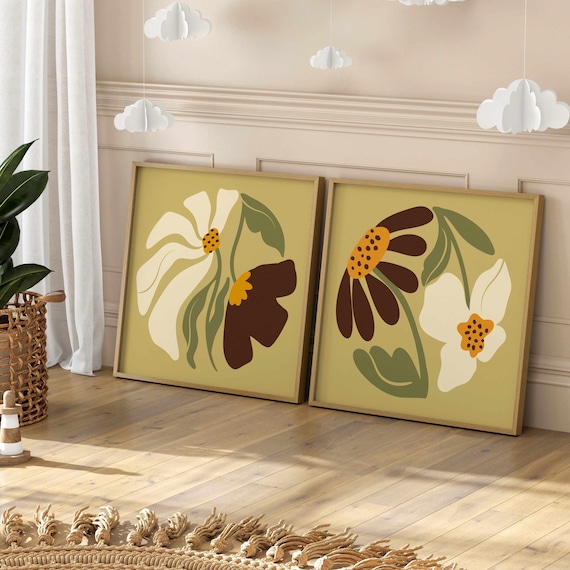 Earthy Retro Wall Art Set Of 2, Matisse Style Floral Prints in Olive & Ochre – 70s Aesthetic Botanical Posters, Mid Century Home Decor
