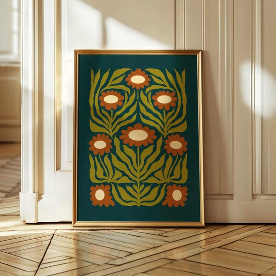 Retro Floral Wall Art – Abstract 70s Botanical Print in Teal, Olive and Rust, Mid Century Modern Boho Poster for Vintage Home Decor