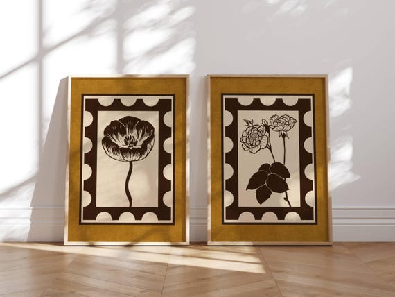 Vintage Botanical Wall Art Set of 2, Poppy and Rose Flower Prints – Retro Floral Posters for Rustic, Cottagecore & Mid Century Decor
