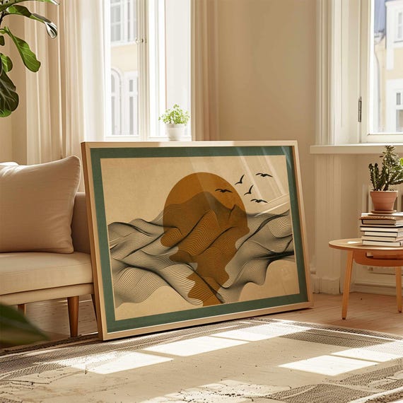 Minimalist Sunset Print: Japandi Landscape Art, Modern Nature Poster, Calm Home Decor