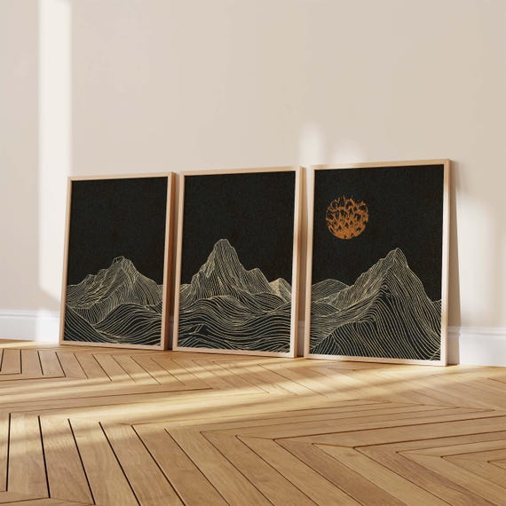 FRAMED Mountain Line Art Print Set: Minimalist Japandi Triptych, Moody Landscape Wall Art