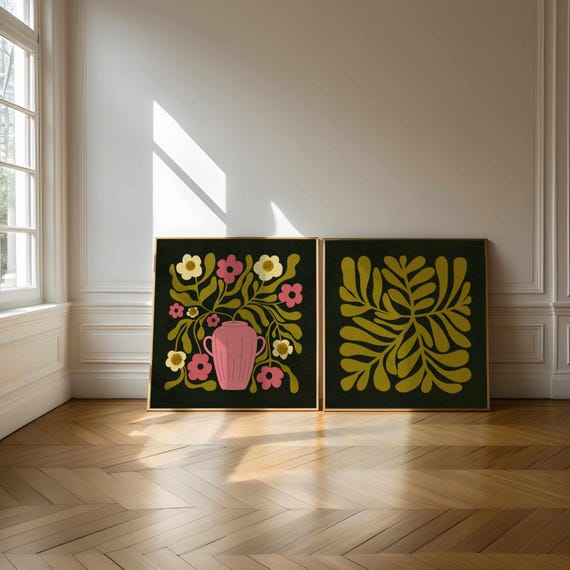 Retro Floral Print Set: Abstract 70 Botanical Art, Mid Century Modern Boho Decor