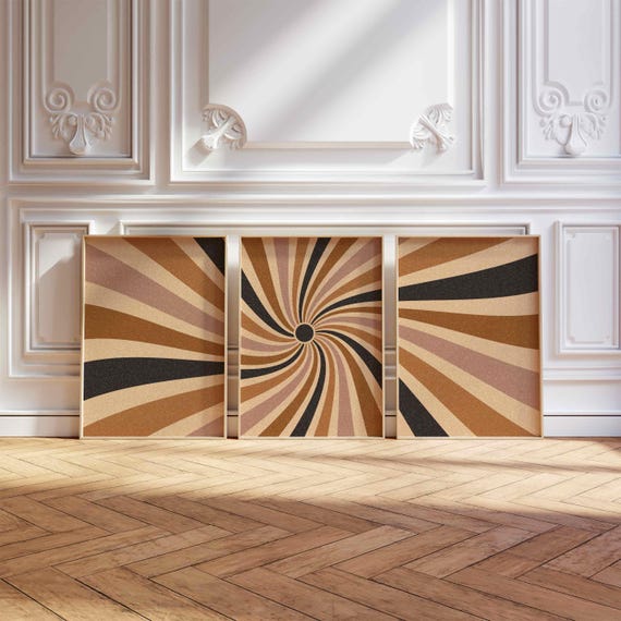 70s Sunburst Print Set: Mid Century Modern Triptych Wall Art, Retro Boho Home Decor