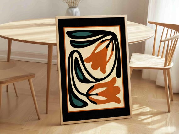 FRAMED Retro Floral Print: Mid Century Modern Botanical Wall Art, Eclectic Home Decor
