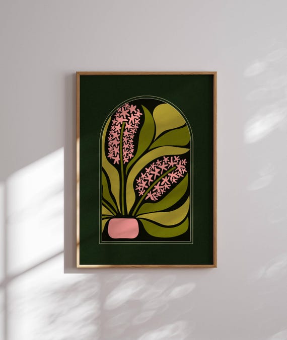 Floral Print of Abstract Hyacinths in 70s Retro Mid-Century Modern Style — Cozy Vintage-Inspired Wall Decor with Bold Shapes and Warm Tones.