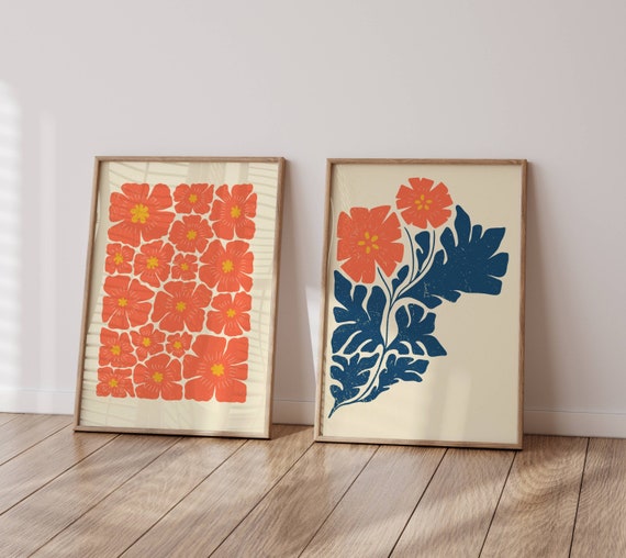 Set Of 2 Prints, Bright Retro Flower Prints, Aesthetic Flower Print Set, 70s Groovy Posters, 1970s Decor, Retro Wall Art, Digital Download