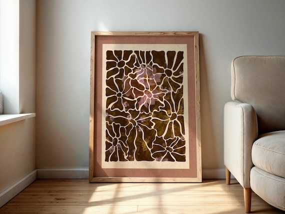 Abstract Floral Wall Art, Romantic Wildflower Print, Vintage Botanical Poster with Dusty Pink Mat for Cozy, Boho and Nature-Inspired Decor