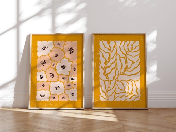 Colorful Retro Floral Wall Art, Matisse Inspired Botanical Prints in Vibrant Summer Colors — 70s Groovy Wall Art in Mid Century Modern Style