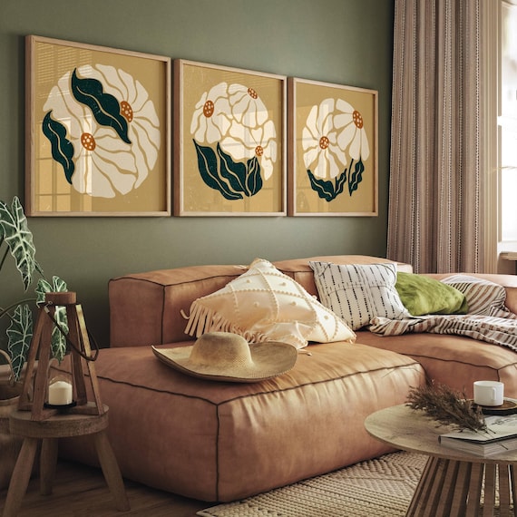 Retro Floral Wall Art Set Of 3, Abstract Matisse-Inspired Botanical Prints – 70s Aesthetic Vintage Posters for Mid Century & Boho Home Decor