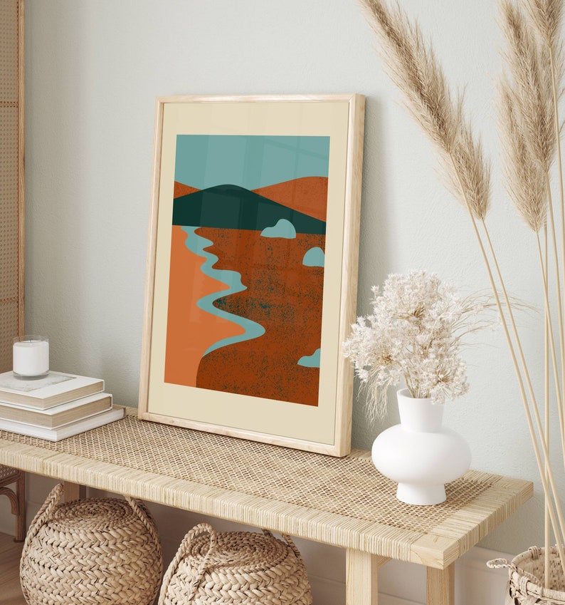 Retro Boho Beach Wall Art Print, Abstract Boho Mountain Print, Aesthetic Wall Art, Digital Download image 3