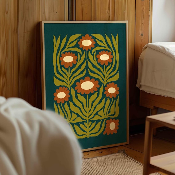 Scandinavian Folk Art Print — Mid Century Modern Floral Wall Art, Nordic Decor