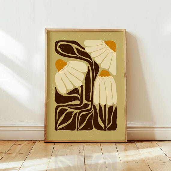 Retro Floral Print: Matisse Style Daisy Wall Art, Mid Century Modern Boho Decor