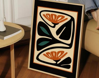 Framed Mid Century Modern Floral Print — Burnt Orange & Teal Botanical Art, Abstract Retro Flower Poster