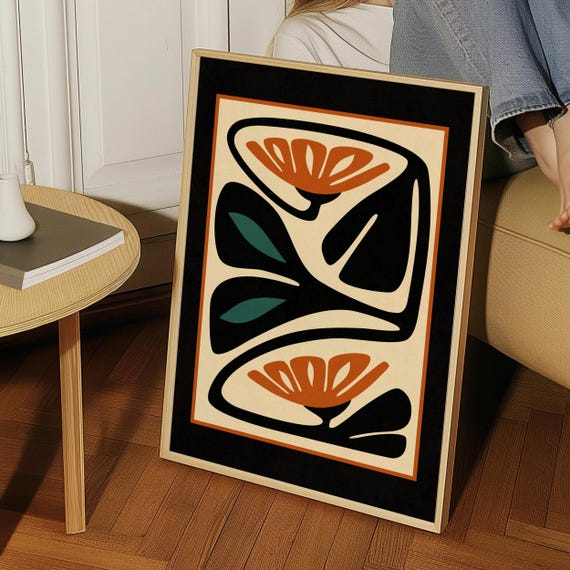 Framed Mid Century Modern Floral Print — Burnt Orange & Teal Botanical Art, Abstract Retro Flower Poster