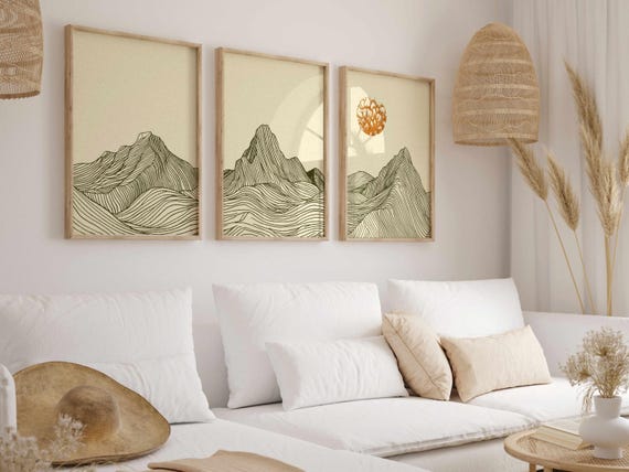 Minimalist Mountain Triptych: Japandi Landscape Print Set, Calm Nature Wall Decor