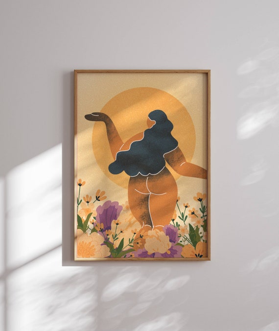 Black Woman Wall Art, Feminist Curvy Body Positive Print with Sun and Flowers – Self Love Wall Art for Empowering Gifts & Modern Home Decor