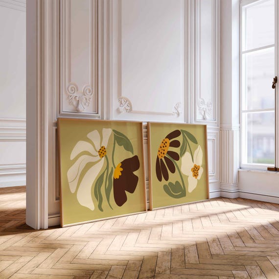 Groovy Flower Print Set: 70s Retro Botanical Art, Vintage Mid Century Modern Decor