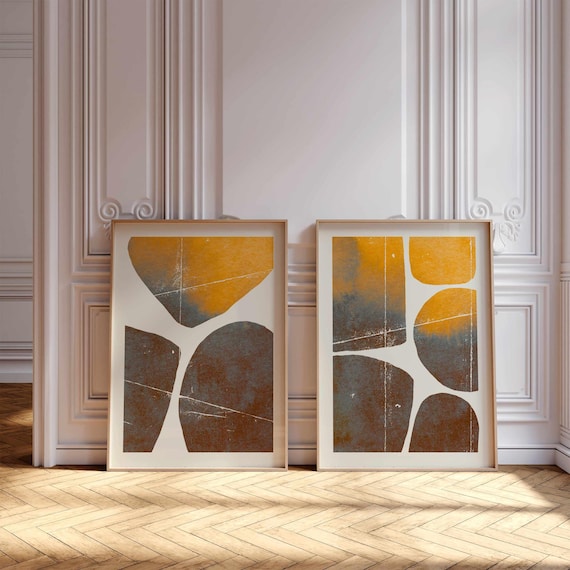Abstract Wall Art Set of 2, Mustard Yellow & Grey Blue Prints – Modern Minimalist Art for Mid Century, Scandinavian or Contemporary Decor