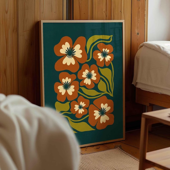 Retro Floral Print — Mid Century Modern Botanical Wall Art, 70s Decor