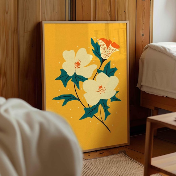 Retro Floral Print: Groovy 70s Botanical Wall Art, Vibrant Mid Century Modern Decor