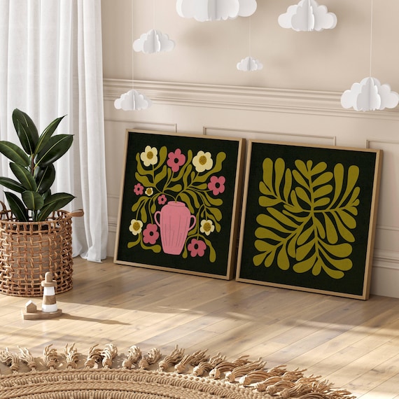 Abstract Retro Floral Wall Art Set Of 2, Groovy Matisse-Inspired Botanical Prints in Green, Pink & Black – Vintage Boho Mid Century Style