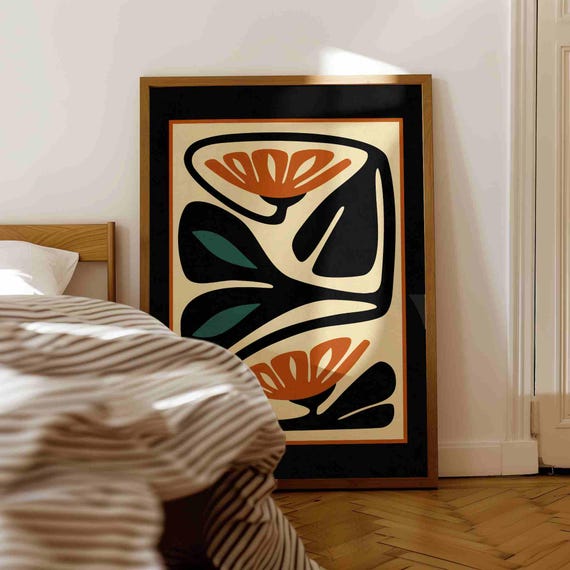 Mid Century Modern Floral Print — Burnt Orange & Teal Botanical Art, Abstract Retro Flower Poster
