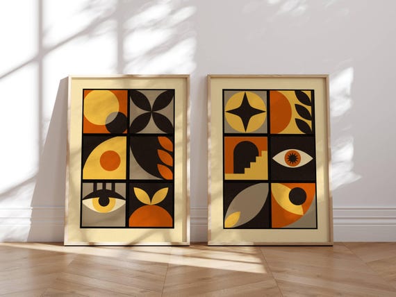 Bauhaus Wall Art, Set Of 2 Prints, Mid Century Modern Wall Art, Gallery Wall Set, Geometric Poster, Mcm Wall Art, Abstract Wall Decor